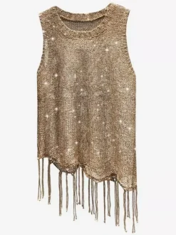 Clubwear Top Unique Jewel Neck Sequins Sleeveless Clothes