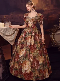 Coffee Brown Retro Tudor Dress Costumes Women's Polyester Dress Marie Antoinette Costume Euro-Style 18th Century Costume