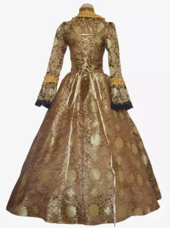 Coffee Brown Retro Tudor Dress Costumes Girl's Tattoo Print Lace Up Satin Fabric Marie Antoinette Costume Set Choker Dress Gothic 18th Century Costume