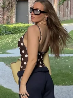 Coffee Brown Cami Top Straps Neck Chic Open Shoulder Women Camis