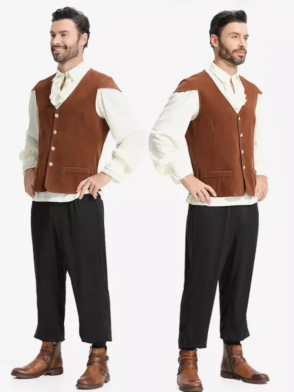 Coffee Brown Men's Vintage Top Waistcoat Set Holidays Costumes