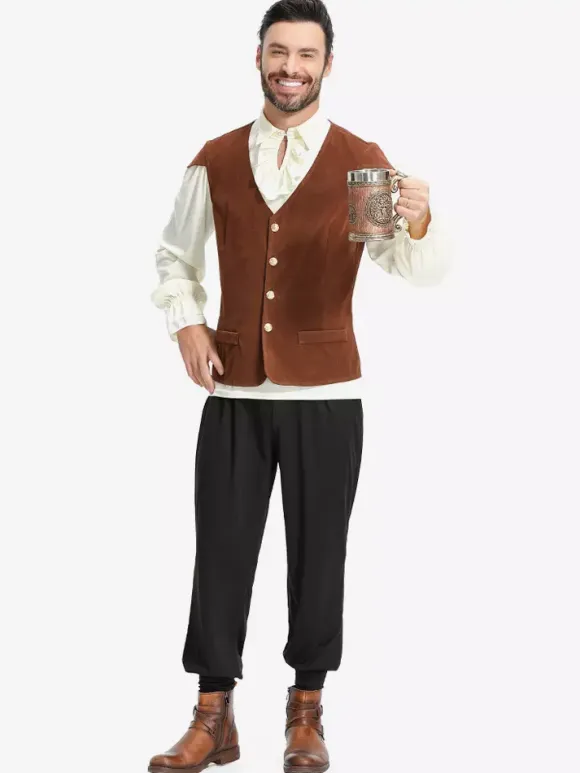 Coffee Brown Men's Vintage Top Waistcoat Set Holidays Costumes