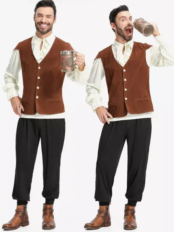Coffee Brown Men's Vintage Top Waistcoat Set Holidays Costumes