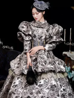 Coffee Brown Retro Costumes Ruffles Polyester Jacquard Dress Women's Retro Marie Antoinette Costume Masquerade Ball Gown