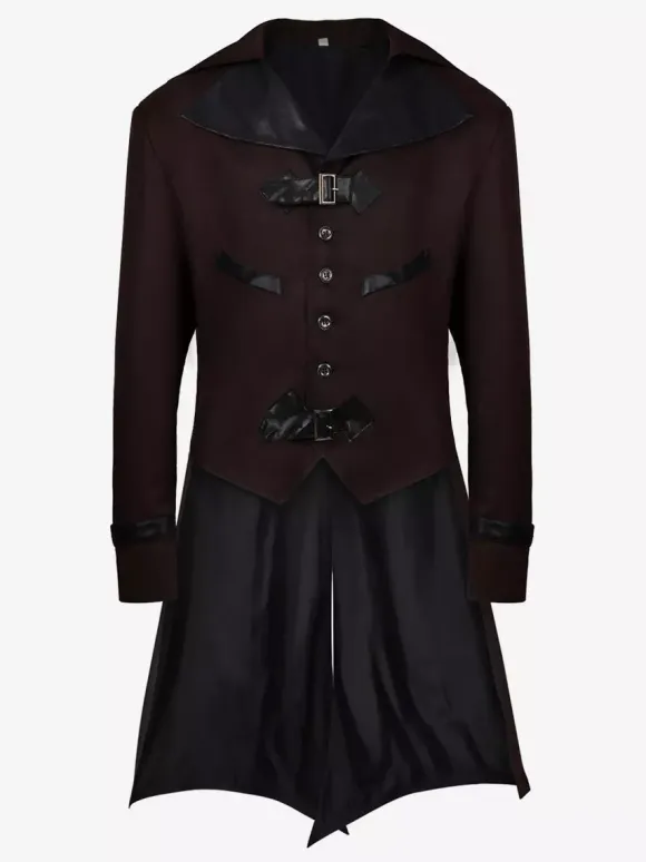 Coffee Brown Vintage Elegant Buckle Long Sleeves Polyester Overcoat Retro Costumes For Man Burgundy