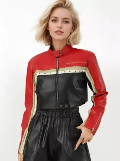 Color Block Cropped Moto Jacket Stand Collar Zip Front Contrast Stripe Faux Leather Coat