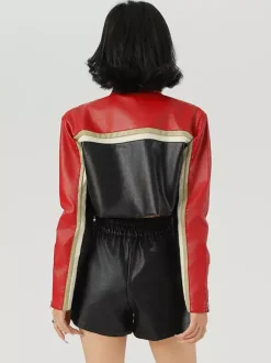 Color Block Cropped Moto Jacket Stand Collar Zip Front Contrast Stripe Faux Leather Coat