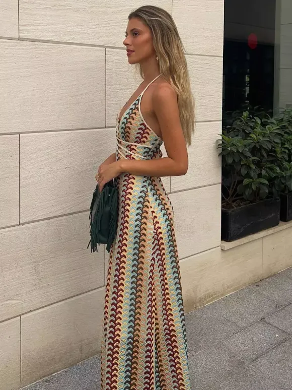 Color Block Crochet Halter Neck Midi Dress For Women Boho Chic