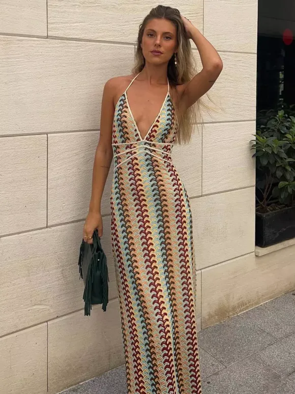 Color Block Crochet Halter Neck Midi Dress For Women Boho Chic