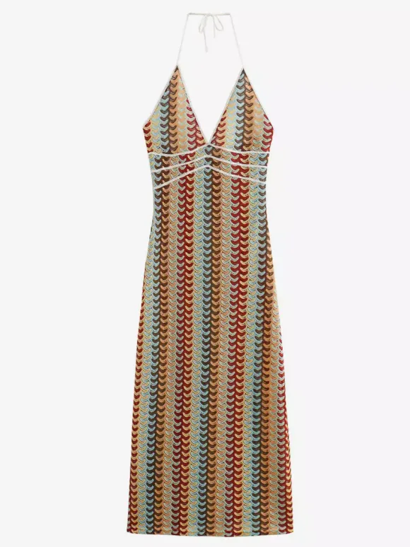 Color Block Crochet Halter Neck Midi Dress For Women Boho Chic