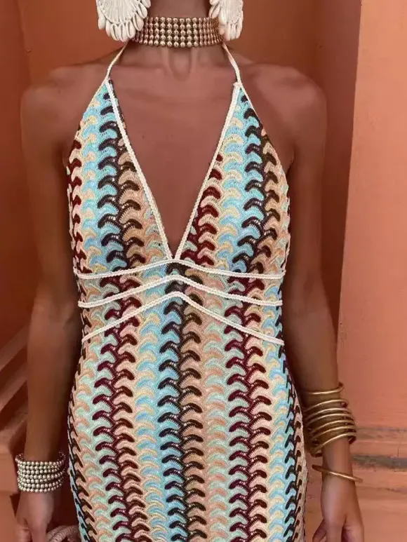 Color Block Crochet Halter Neck Midi Dress For Women Boho Chic