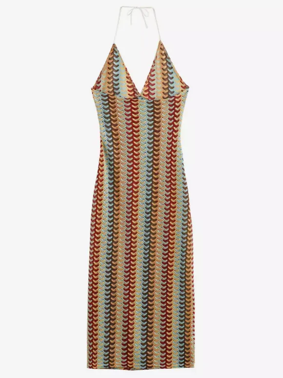 Color Block Crochet Halter Neck Midi Dress For Women Boho Chic