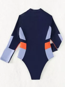 Colorblock Panel Zip Front Long Sleeve Surf One Piece Swimsuit