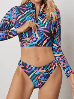 Colorful Palm Leaf Half-Zip Long Sleeve Cropped Two Piece Rash Guard Bikini Set