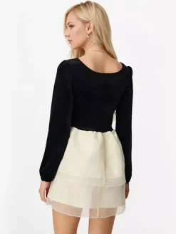 Contrast Mini Dress With Bowknot Long Sleeve Square Collar Layered Birthday Party Dress 2026