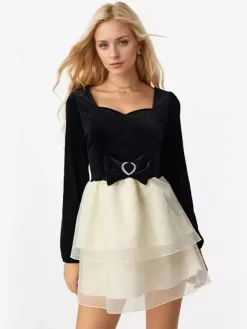 Contrast Mini Dress With Bowknot Long Sleeve Square Collar Layered Birthday Party Dress 2026