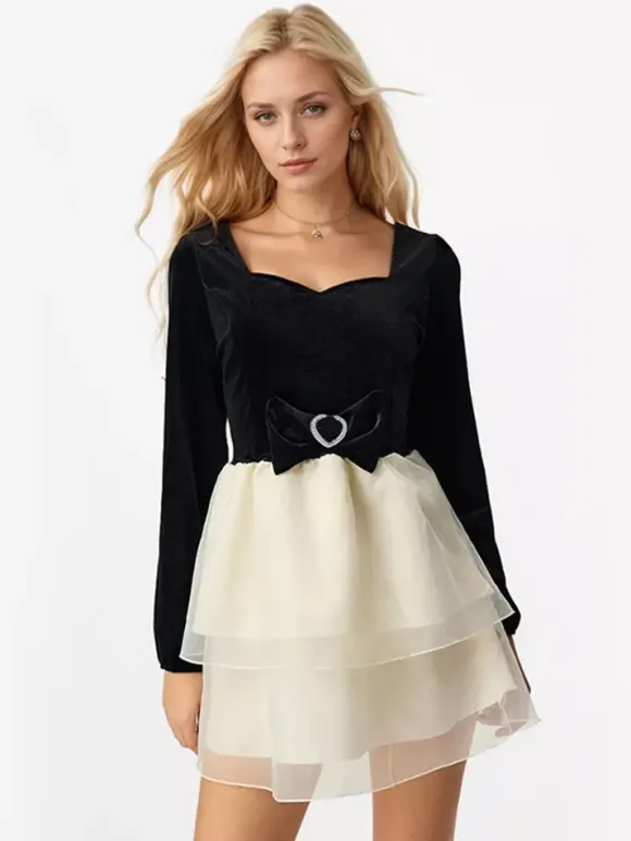 Contrast Mini Dress With Bowknot Long Sleeve Square Collar Layered Birthday Party Dress 2026
