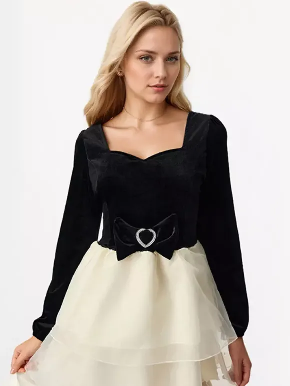 Contrast Mini Dress With Bowknot Long Sleeve Square Collar Layered Birthday Party Dress 2026