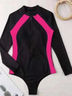 Contrast Panel Zip Front Long Sleeve One Piece Rash Guard Surf Swimsuit