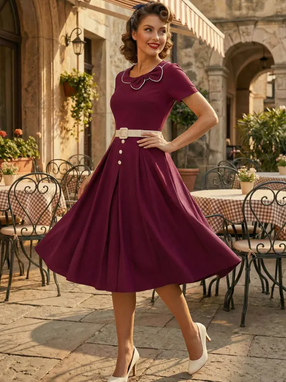 Contrast Piping Bow Neck Button Decor Pleated A Line Swing Dress For Women 2026