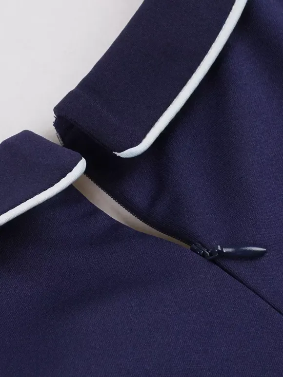 Contrast Piping Bow Neck Button Decor Pleated A Line Swing Dress For Women 2026