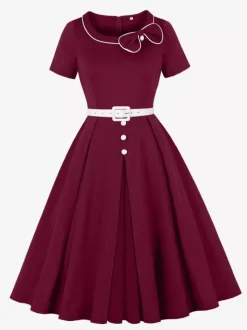 Contrast Piping Bow Neck Button Decor Pleated A Line Swing Dress For Women 2026