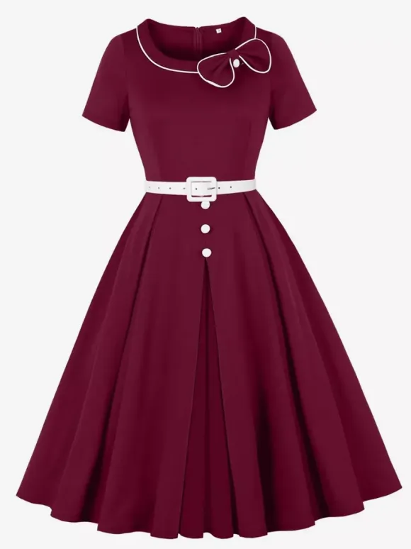 Contrast Piping Bow Neck Button Decor Pleated A Line Swing Dress For Women 2026