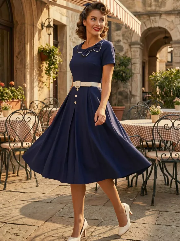 Contrast Piping Bow Neck Button Decor Pleated A Line Swing Dress For Women 2026