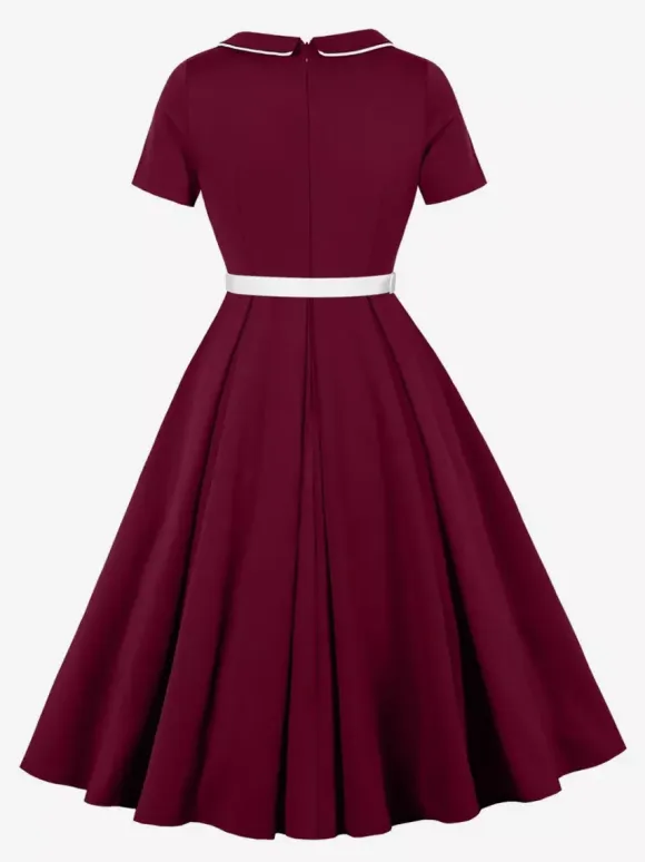 Contrast Piping Bow Neck Button Decor Pleated A Line Swing Dress For Women 2026