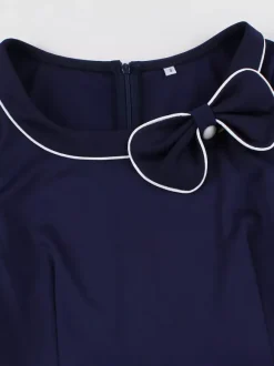 Contrast Piping Bow Neck Button Decor Pleated A Line Swing Dress For Women 2026