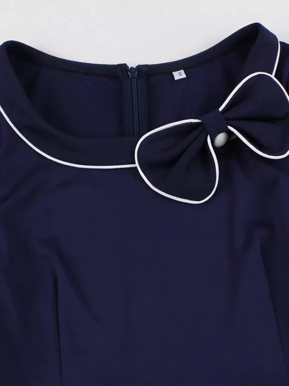Contrast Piping Bow Neck Button Decor Pleated A Line Swing Dress For Women 2026
