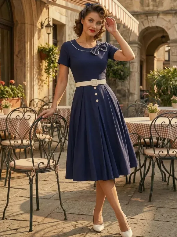 Contrast Piping Bow Neck Button Decor Pleated A Line Swing Dress For Women 2026