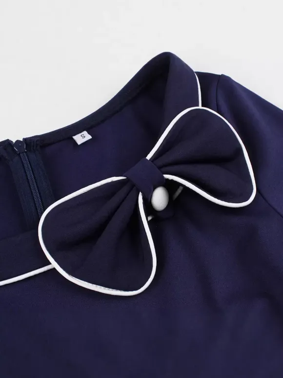 Contrast Piping Bow Neck Button Decor Pleated A Line Swing Dress For Women 2026