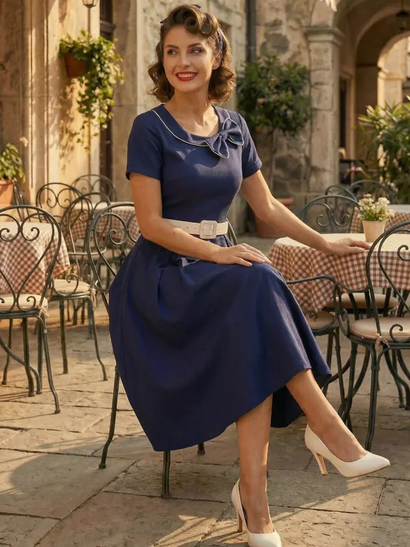 Contrast Piping Bow Neck Button Decor Pleated A Line Swing Dress For Women 2026