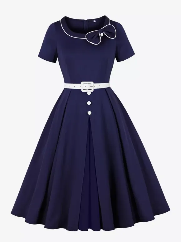 Contrast Piping Bow Neck Button Decor Pleated A Line Swing Dress For Women 2026