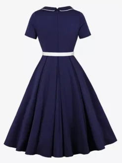 Contrast Piping Bow Neck Button Decor Pleated A Line Swing Dress For Women 2026