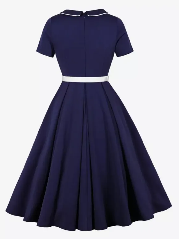 Contrast Piping Bow Neck Button Decor Pleated A Line Swing Dress For Women 2026