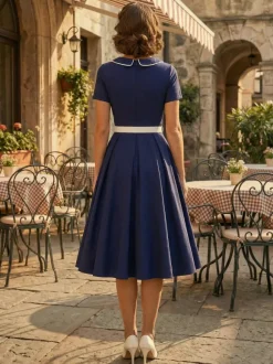 Contrast Piping Bow Neck Button Decor Pleated A Line Swing Dress For Women 2026