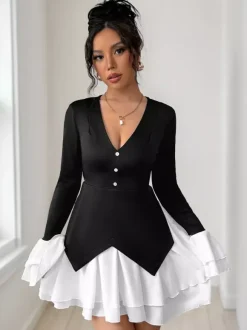 Contrasting Color Flare Sleeves Mini Dress With V-neck And Layered Skirt For Autumn 2026