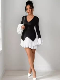 Contrasting Color Flare Sleeves Mini Dress With V-neck And Layered Skirt For Autumn 2026