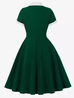 Contrast Lapel Collar Short Sleeve Retro Swing Dress For Women 2026