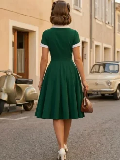 Contrast Lapel Collar Short Sleeve Retro Swing Dress For Women 2026