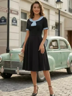 Contrast Peter Pan Collar A-line Summer Swing Midi Dress For Women 2026