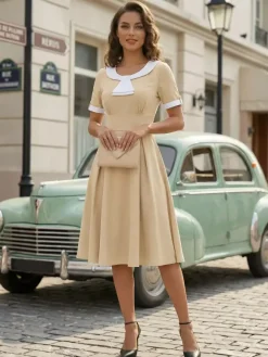 Contrast Peter Pan Collar A-line Summer Swing Midi Dress For Women 2026