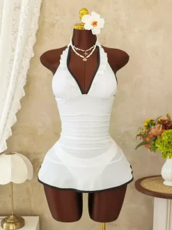 Contrast Piping Ruffle Halter Ruched Skirted One Piece Swim Dress
