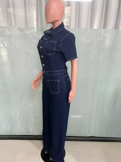Contrast Stitch Denim Jumpsuit For Women - Dark Blue Washed Retro Short Sleeve Wide Leg Romper - Spring Casual Streetwear 2026