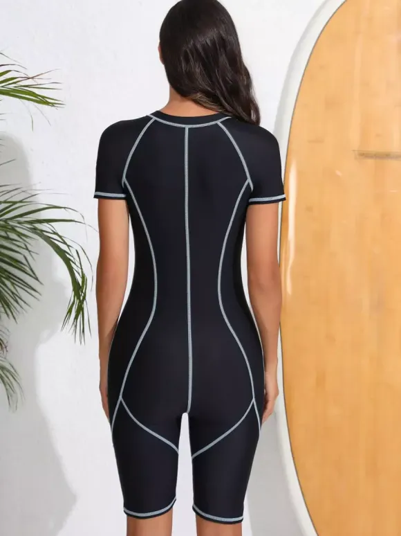 Contrast Stitch Zip Front Boyleg Athletic Swimsuit