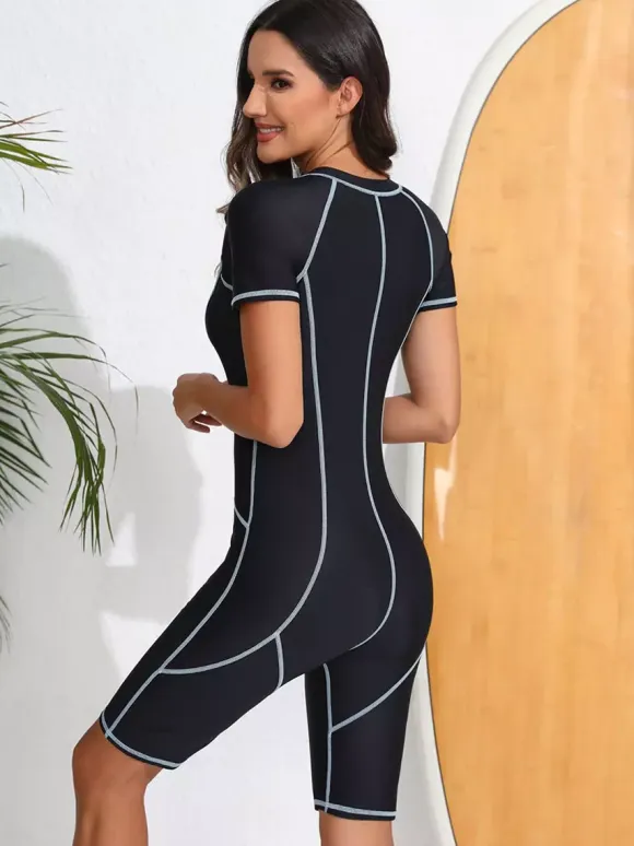 Contrast Stitch Zip Front Boyleg Athletic Swimsuit