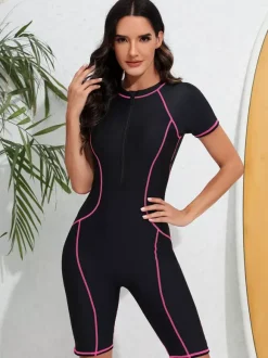 Contrast Stitch Zip Front Boyleg Athletic Swimsuit