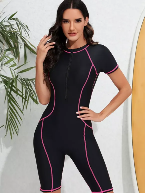 Contrast Stitch Zip Front Boyleg Athletic Swimsuit